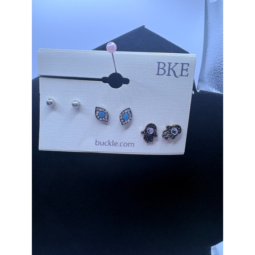 BKE Set of 3 Post Earrings Silver Tone Boho Hamsa Evil Eye Studs Buckle